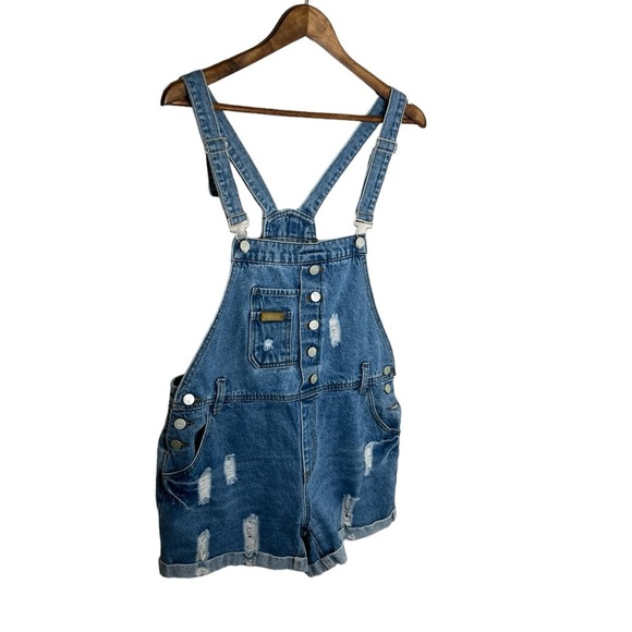 AvaCostume Blue Denim Distressed Bib Overalls Shorts - Picture 4 of 11